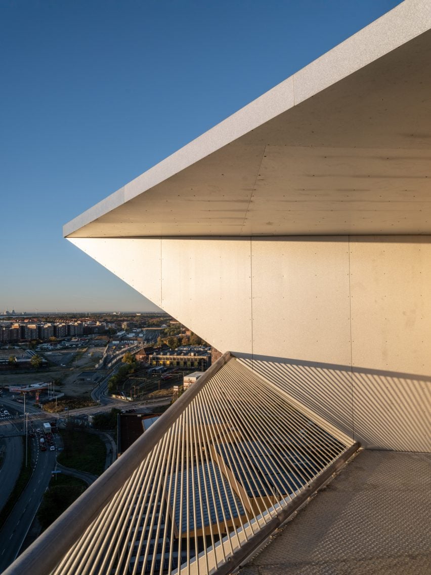 Angular balcony on tower by BIG
