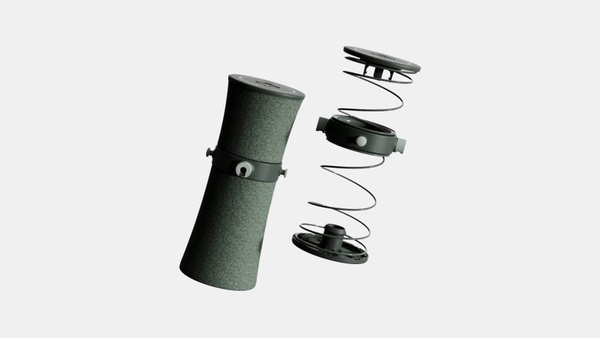 Image of a spring with plastic connectors, and on the left-hand side of it, a textile-covered cylinder in the same size and shape