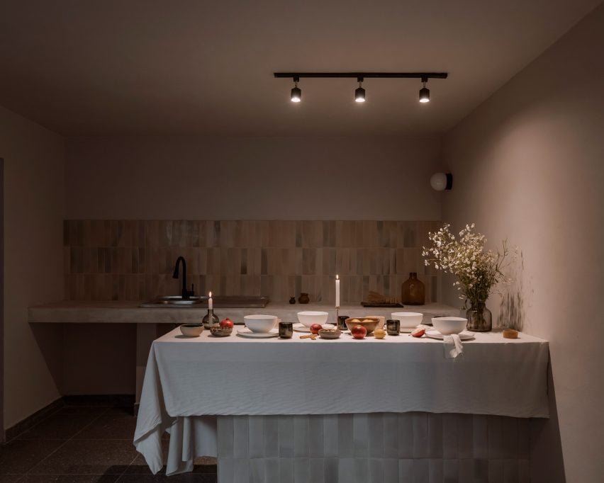 Kitchen with multi-coloured ceramic tiles