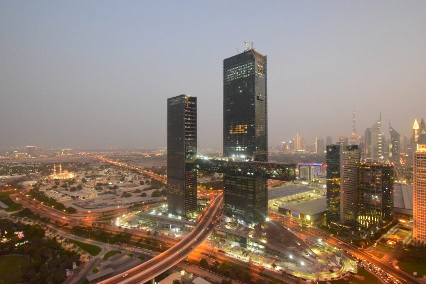 Night view of One Za'abeel in Dubai by Nikken Sekkei