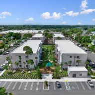 Apartment building in Miami with brightly colored entrances