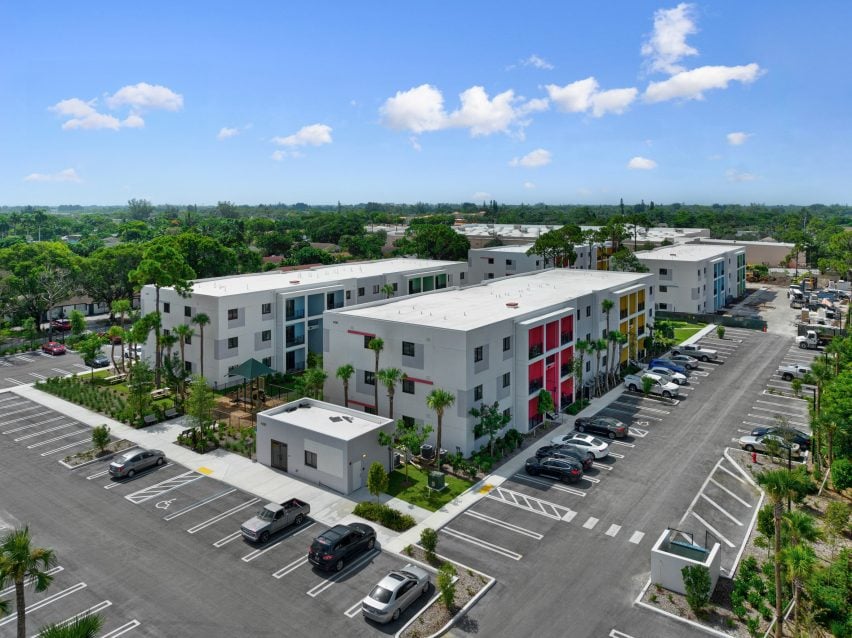 Apartment building in Miami with brightly colored entrances